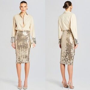 NWT RETROFETE Hand Stitched Crystal & Sequin Embellished Midi Pencil Skirt XS